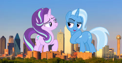 Size: 2800x1440 | Tagged: safe, artist:dashiesparkle, artist:tardifice, artist:theotterpony, starlight glimmer, trixie, pony, city, dallas, giant pony, giant starlight glimmer, haveing a fun time together as giants/mega/colossal/titan ponys, highrise ponies, irl, macro, mega trixie, photo, ponies in real life, story in the source, texas