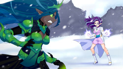 Size: 1280x721 | Tagged: safe, artist:jonfawkes, queen chrysalis, starlight glimmer, human, the ending of the end, clothes, digital art, duo, elf ears, female, fight, humanized, scene interpretation, snow, ultimate chrysalis, unicorns as elves