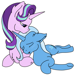 Size: 1500x1500 | Tagged: safe, artist:tunrae, derpibooru import, starlight glimmer, trixie, pony, unicorn, colored, cute, ear fluff, female, flat colors, kissing, leaning, lesbian, lying down, shipping, simple background, startrix, transparent background