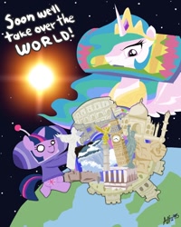 Size: 600x750 | Tagged: safe, artist:alfa995, princess celestia, twilight sparkle, alicorn, pony, katamari damacy, king of all cosmos, monuments, parody, world