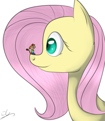 Size: 911x1050 | Tagged: safe, artist:serri765, fluttershy, oc, oc:tibtep, pegasus, pony, bust, cute, female, looking at each other, macro, mare, micro, non-pony oc, portrait, simple background, sitting, sitting on nose, white background