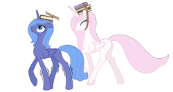 Size: 4000x2121 | Tagged: safe, artist:shachza, princess celestia, princess luna, alicorn, pony, balancing, blank flank, book, charm school, cheating, cute, cutelestia, duo, eyes closed, floppy ears, grin, lunabetes, missing accessory, open mouth, s1 luna, shaking, simple background, smiling, walking