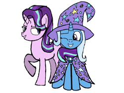 Size: 1432x1080 | Tagged: safe, artist:grymnoire, derpibooru import, starlight glimmer, trixie, pony, female, lesbian, shipping, startrix