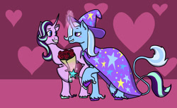 Size: 1280x783 | Tagged: safe, artist:greatveiledbear, derpibooru import, starlight glimmer, trixie, classical unicorn, pony, unicorn, blushing, bouquet, cloven hooves, female, flower, heart, holiday, leonine tail, lesbian, looking at each other, rose, shipping, startrix, unshorn fetlocks, valentine's day