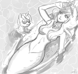 Size: 1000x958 | Tagged: safe, artist:johnjoseco, lyra heartstrings, princess celestia, mermaid, sea pony, belly button, dat butt, godiva hair, grayscale, meme, mermaidized, monochrome, sealestia, seapony lyra, strategically covered