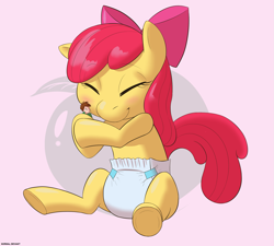 Size: 2493x2244 | Tagged: safe, artist:normaldeviant, apple bloom, oc, oc:generic messy hair anime anon, earth pony, human, pony, adorabloom, baby, baby pony, bow, cute, diaper, female, filly, hug, micro, shrunk