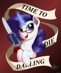 Size: 800x955 | Tagged: safe, artist:ncmares, edit, rarity, pony, unicorn, banner, commission, darling, female, glasses, imminent murder, knife, magic, mare, needle, open mouth, pincushion, rules of rarity, signature, solo, telekinesis, yandere, yanderity