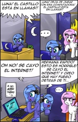 Size: 1024x1601 | Tagged: safe, artist:ciriliko, artist:innuendo88, princess celestia, princess luna, alicorn, pony, creeper, gamer luna, spanish, translation