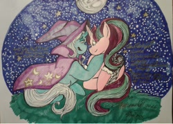 Size: 1280x915 | Tagged: safe, artist:charlott2200, derpibooru import, starlight glimmer, trixie, pony, unicorn, female, holiday, lesbian, looking at each other, moon, night, shipping, smiling, stars, startrix, traditional art, valentine's day