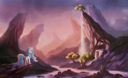 Size: 1800x1100 | Tagged: safe, artist:ajvl, princess celestia, alicorn, pony, canterlot, female, mare, scenery, solo, tree, water, waterfall