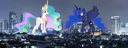 Size: 3500x1313 | Tagged: safe, artist:dashiesparkle, artist:theotterpony, princess celestia, princess luna, alicorn, pony, city, giant pony, giantlestia, highrise ponies, indonesia, irl, jakarta, macro, night, photo, ponies in real life, royal sisters, story in the source