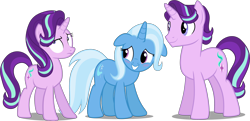 Size: 4168x2023 | Tagged: safe, artist:jeatz-axl, artist:tardifice, artist:whalepornoz, derpibooru import, edit, editor:slayerbvc, starlight glimmer, stellar gleam, trixie, pony, unicorn, blushing, embarrassed, eyeroll, female, floppy ears, frown, lesbian, lidded eyes, looking back, looking up, male, mare, raised eyebrow, rule 63, self ponidox, shipping, shy, simple background, smiling, squee, stallion, startrix, transparent background, unamused, vector, vector edit