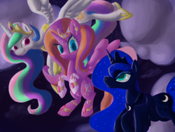 Size: 900x675 | Tagged: safe, artist:paintrolleire, princess celestia, princess luna, oc, alicorn, pony, crown, female, horn, jewelry, mare, regalia, siblings, sisters