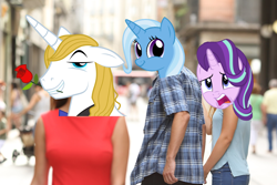 Size: 2500x1667 | Tagged: safe, derpibooru import, prince blueblood, starlight glimmer, trixie, pony, bluetrix, distracted boyfriend meme, faic, female, lesbian, male, meme, shipping, smirk, startrix, straight, trixface, twiface