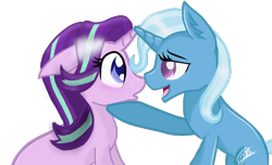 Size: 1184x720 | Tagged: safe, artist:sweetkllrvane, derpibooru import, starlight glimmer, trixie, pony, unicorn, female, lesbian, mare, shipping, simple background, startrix, transparent background