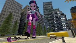 Size: 2000x1125 | Tagged: safe, artist:jeroen01, aria blaze, sonata dusk, twilight sparkle, twilight sparkle (alicorn), equestria girls, 3d, attack on twi-tan, bus, car, city, clothes, destruction, female, fire hydrant, giantess, macro, self ponidox, skirt