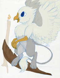 Size: 957x1234 | Tagged: safe, artist:shazzykatana, artist:tinibirb, color edit, edit, oc, oc only, oc:der, griffon, candle, colored, feather, male, micro, sketch, solo, traditional art