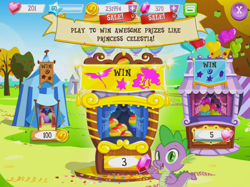 Size: 914x684 | Tagged: safe, screencap, philomena, princess celestia, spike, alicorn, dragon, pony, balloon, balloon pop, balloon pop stand, balloon popping, game screencap, gameloft, official, popping, solo