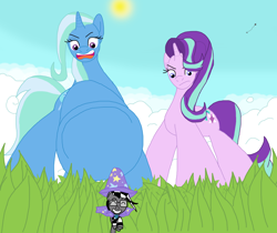 Size: 3048x2563 | Tagged: safe, artist:final7darkness, starlight glimmer, trixie, oc, oc:checkerboard, pony, cape, clothes, female, grass field, hat, hooves, micro, size difference, tiny ponies, trixie's cape, trixie's hat