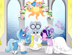 Size: 2552x1972 | Tagged: safe, artist:poseidonathenea, derpibooru import, mr. waddle, starlight glimmer, trixie, pony, bowtie, clothes, dress, female, flower, lesbian, marriage, priest, shipping, startrix, tuxedo, wedding, wedding dress, wedding veil