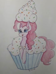 Size: 768x1024 | Tagged: safe, artist:sosochi, pinkie pie, earth pony, pony, cupcake, food, micro, solo, tongue out, traditional art