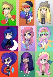 Size: 624x900 | Tagged: safe, artist:bunnydragoon, applejack, derpy hooves, fluttershy, pinkie pie, princess celestia, princess luna, rainbow dash, rarity, twilight sparkle, belly button, clothes, dress, humanized, midriff, skirt