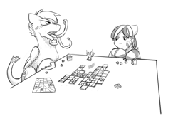 Size: 1280x835 | Tagged: safe, artist:captainhoers, oc, oc only, oc:der, oc:ruzeth, oc:zuthal, griffon, monster pony, original species, tatzlpony, zebra, board game, carcassonne, male, micro, monochrome, trio, zebra oc