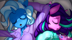 Size: 1920x1080 | Tagged: safe, artist:mysticalpha, derpibooru import, starlight glimmer, trixie, anthro, unicorn, bed, clothes, cute, diatrixes, eyes closed, female, glimmerbetes, lesbian, mare, open mouth, pillow, shipping, sleeping, startrix