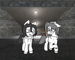 Size: 1280x1024 | Tagged: safe, artist:scraggleman, oc, oc only, oc:floor bored, oc:taku, pony, story:lost and found, clothes, concerned, floppy ears, food, glasses, hoodie, metro, monochrome, monorail, raised hoof, story included, subway