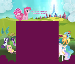 Size: 1600x1364 | Tagged: safe, applejack, fluttershy, pinkie pie, princess celestia, rainbow dash, rarity, twilight sparkle, alicorn, earth pony, pegasus, pony, unicorn, the crystal empire, spoiler:s03, crystal empire, hubworld, mane six opening poses, my little pony logo, official, stock vector, twiworm