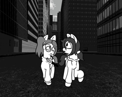 Size: 1280x1024 | Tagged: safe, artist:scraggleman, oc, oc only, oc:floor bored, oc:taku, earth pony, pony, story:lost and found, clothes, glasses, hoodie, katana, monochrome, story included, sweater, sword, walking, weapon