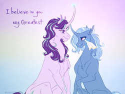Size: 1024x768 | Tagged: safe, artist:dementra369, derpibooru import, starlight glimmer, trixie, pony, unicorn, comforting, curved horn, eye contact, female, hoers, horn, lesbian, looking at each other, magic, mare, shipping, smiling, startrix