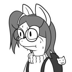 Size: 1000x1000 | Tagged: safe, artist:scraggleman, oc, oc only, oc:taku, earth pony, pony, story:lost and found, animated, awkward, backpack, clothes, female, gif, keychain, mare, monochrome, shifty eyes, solo, story included, sweat, sweater