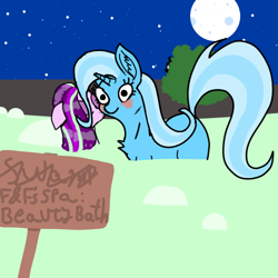 Size: 500x500 | Tagged: safe, artist:springshrub, derpibooru import, starlight glimmer, trixie, pony, bathing, female, kiss on the cheek, kissing, lesbian, shipping, sign, startrix, swamp