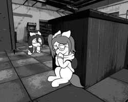 Size: 1280x1024 | Tagged: safe, artist:scraggleman, oc, oc only, oc:floor bored, oc:taku, earth pony, pony, story:lost and found, backpack, clothes, female, glasses, mare, monochrome, scared, sitting, story included, sweater, teary eyes
