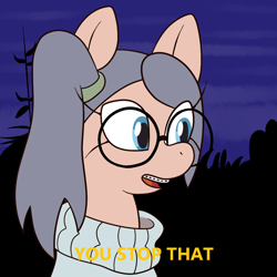 Size: 1000x1000 | Tagged: safe, artist:scraggleman, oc, oc:taku, earth pony, pony, braces, caption, clothes, glasses, image macro, meme, scooby doo, solo, sweater, text, you stop that