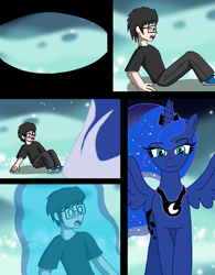 Size: 2210x2832 | Tagged: safe, artist:oghaliengts, princess luna, human, pony, comic, dream walker luna, female, fetish, giantess, imminent vore, macro, magic, male, mare, micro, ponies eating humans