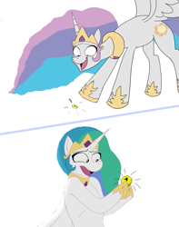 Size: 505x640 | Tagged: safe, artist:skoon, edit, princess celestia, alicorn, pony, bits, comic, looking down, open mouth, penny pincher, princess molestia, simple background, smiling, spread wings, sweat, wat, white background