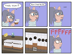 Size: 4000x3000 | Tagged: safe, artist:scraggleman, oc, oc:taku, cat, earth pony, pony, ..., book, bookshelf, braces, clothes, comic, dialogue, female, fffuuuuu, figurine, glasses, hatsune miku, lip bite, manga, mare, ocd, ponified, smiling, speech bubble, sweater