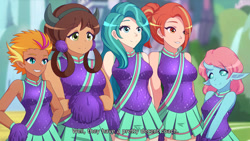 Size: 1280x720 | Tagged: safe, artist:jonfawkes, lighthoof, ocellus, shimmy shake, smolder, yona, human, 2 4 6 greaaat, anime, cheerleader, clothes, horn, horned humanization, humanized, pleated skirt, pom pom, scene interpretation, skirt, slit eyes, subtitles, uniform