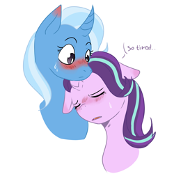Size: 2000x2000 | Tagged: safe, artist:coociecat, derpibooru import, starlight glimmer, trixie, pony, unicorn, blushing, curved horn, eyes closed, female, floppy ears, horn, leaning, lesbian, shipping, startrix, sweat, tired