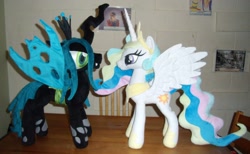 Size: 2588x1594 | Tagged: safe, artist:fireflytwinkletoes, princess celestia, queen chrysalis, changeling, changeling queen, irl, photo, plushie