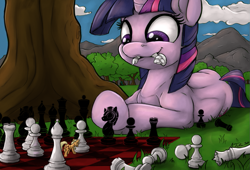 Size: 965x657 | Tagged: safe, artist:royalagate, artist:tsitra360, color edit, derpibooru exclusive, edit, applejack, lyra heartstrings, twilight sparkle, earth pony, pony, unicorn, appletini, chess, chessboard, chessboard incorrectly oriented, colored, duo, micro, mountain, mountain range, mouth hold, shading edit, tree