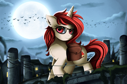 Size: 4117x2757 | Tagged: safe, artist:pridark, oc, oc only, pony, unicorn, chest fluff, city, commission, female, full moon, giant pony, glasses, macro, macro/micro, mare, moon, night, saddle bag, solo, wondering