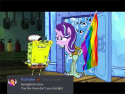 Size: 745x559 | Tagged: safe, artist:azkre, derpibooru import, starlight glimmer, trixie, pony, female, flag, gay pride flag, implied lesbian, implied shipping, implied startrix, lesbian, lgbt, meme, mouthpiece, multeity, shipping, spongebob squarepants, startrix, trixie army, you like krabby patties don't you squidward?