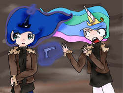 Size: 900x682 | Tagged: safe, artist:mizuki-yorudan, princess celestia, princess luna, horned humanization, humanized