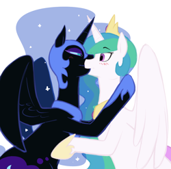 Size: 1000x987 | Tagged: safe, artist:elslowmo, artist:redintravenous, nightmare moon, princess celestia, alicorn, pony, blushing, celestimoon, female, incest, kissing, lesbian, mooncest, shipping