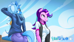 Size: 1920x1080 | Tagged: safe, artist:mysticalpha, derpibooru import, starlight glimmer, trixie, anthro, unicorn, breasts, female, lesbian, mare, plot, shipping, starlight jiggler, startrix