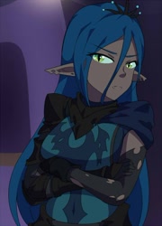 Size: 500x693 | Tagged: safe, artist:jonfawkes, queen chrysalis, human, the summer sun setback, anime, clothes, crossed arms, cute, cute little fangs, cutealis, elf ears, fangs, female, humanized, scene interpretation, solo, unamused