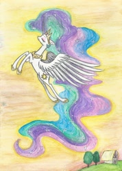 Size: 2448x3440 | Tagged: safe, artist:ladydekaro, princess celestia, alicorn, pony, flying, solo, traditional art